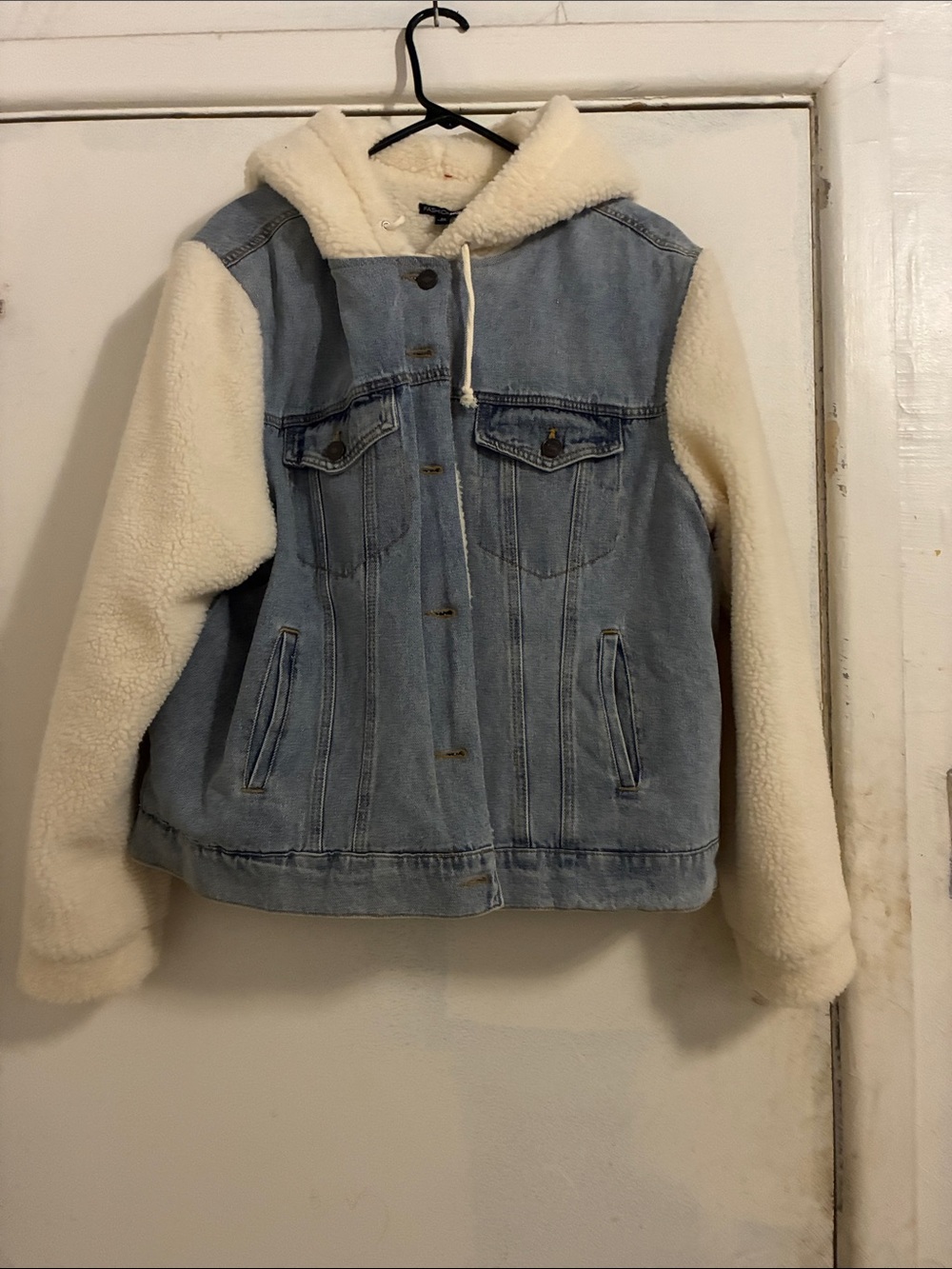 Fashion Nova Light Wash Denim Jacket with Cream Sherpa Hood & Sleeves